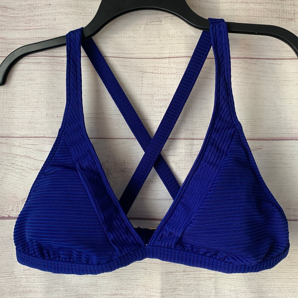 La Blanca Tonal Blue Ribbed Bikini Swimsuit Top Cross Back Size 12
